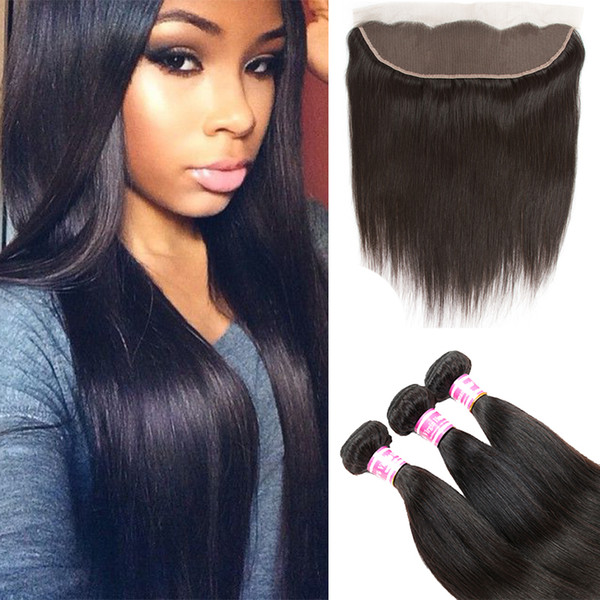 Straight Brazilian Virgin Hair Bundles with Ear to Ear 13x4 Frontal Closure Unprocessed Straight Wet and Wavy 3 Hair Wefts By Dedicate Hair