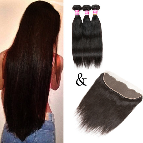 Brazilian Virgin Hair Straight Human Hair 3 Wefts with Closure Peruvian Straight Hair Bundles with Ear to Ear Lace Frontal Closure Cheap