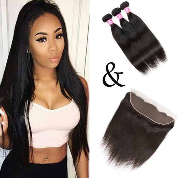 Straight Brazilian Virgin Human Hair 3 Wefts with Ear to Ear Frontal Closure Unprocessed Peruvian Wet and Wavy Hair Extensions Cheap Items