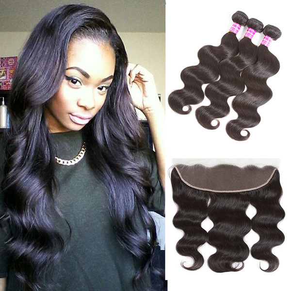 Brazilian Body Wave Virgin Human Hair Weaves with Frontal Closure Ear to Ear 13x4 Lace Closure and Body Wave 3 Bundles Unprocessed Weaves