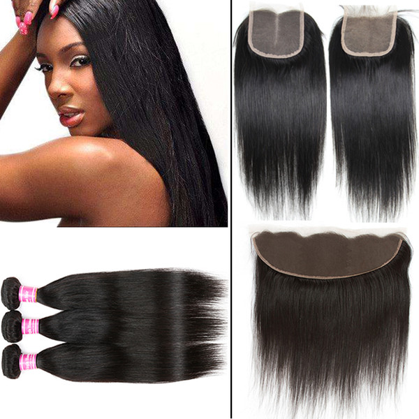 Peruvian Straight 3 Hair Wefts with Frontal Closure Brazilian Virgin Hair Straight with 4x4 Lace Closure 100% Unprocessed Indian Hair Weaves