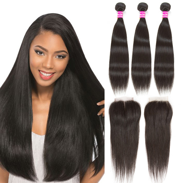 4x4 Middle Part Free Part Straight Human Hair Lace Closure Straight Peruvian Virgin Hair Bundle Deals Remy Human Hair Weave Bundles