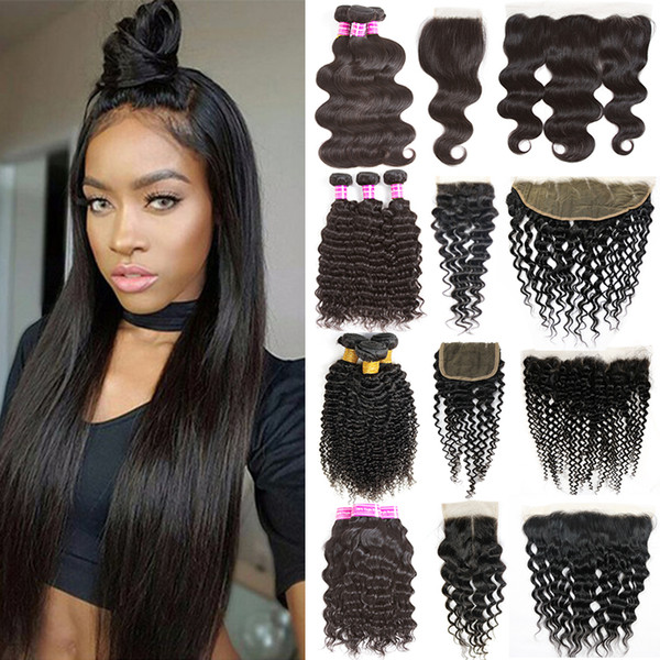 Brazilian Virgin Hair Bundles with Lace Frontal Straight Body Wave Hair Weaves Frontal Closure Deep Wave Kinky Curly Human Hair Extensions