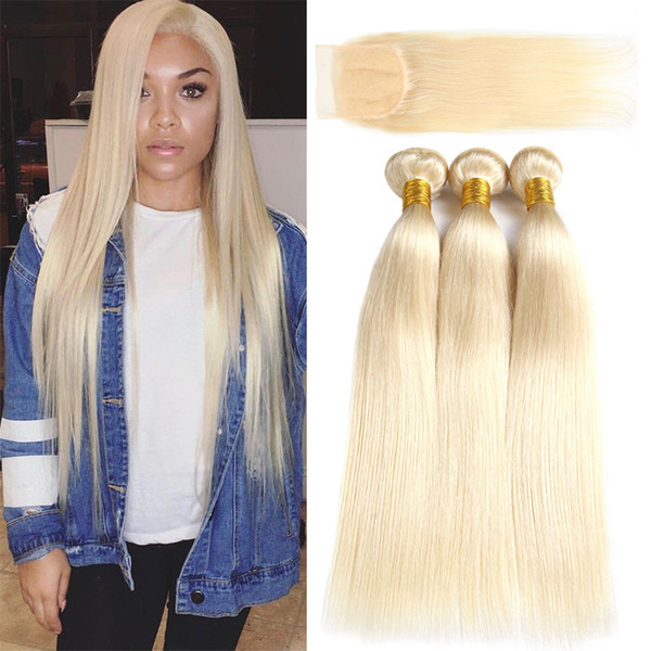 Fashion 613 Blonde Virgin Hair With Closure Brazilian Human Straight 3pcs 1B 613 Virgin Hair Extensions Bundles With Lace Closures Wholesale