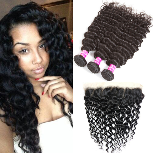 Raw Indian Virgin Hair Weave Bundle Deals Indian Deep Curly Hair Weaving Remy Human Hair Lace Closure 13x4 Frontal and Bundles Wholesale