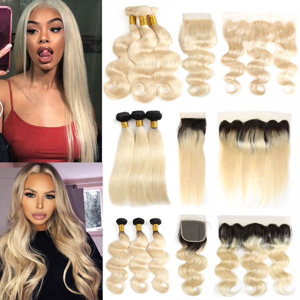 Brazilian Virgin Hair 613 Blonde Bundles With Frontal Closure Straight Body Wave Human Hair Bundles With Closure Ombre 1B 613 Human Hair