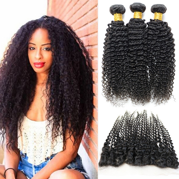 8a Raw Indian Hair Bundles with Closure Remy Human Hair Kinky Curly Hair Extensions 3 bundles and Frontal Weaves Lace Closure Color Black