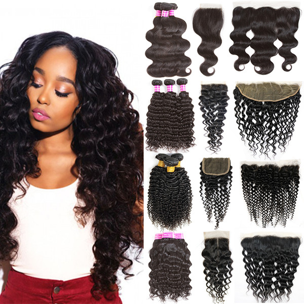 Brazilian Body Wave Virgin Hair Weaves Closure Straight Kinky Curly Hair Bundles with 13x4 Lace Frontal Closure Wet and Wavy Peruvian Hair