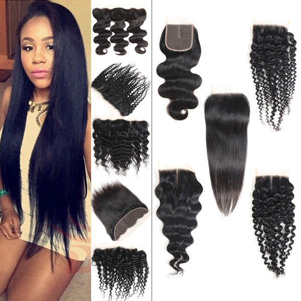 Mink Brazilian Virgin Hair Bundles with Closures Straight Body Deep Wave Kinky Curly Human Hair Lace Closure & Frontal Free Part Middle Part