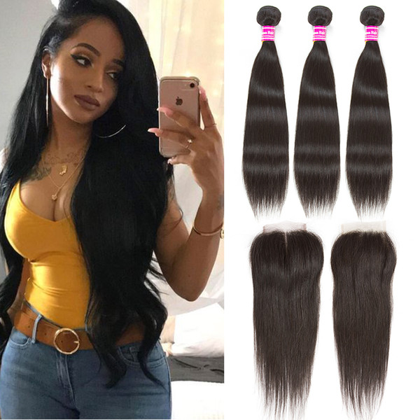 Straight Remy Human Hair Extensions Brazilian Virgin Hair Weave Bundle with Lace Closure 4x4 Middle and Free Part Top Lace Weaves Closure