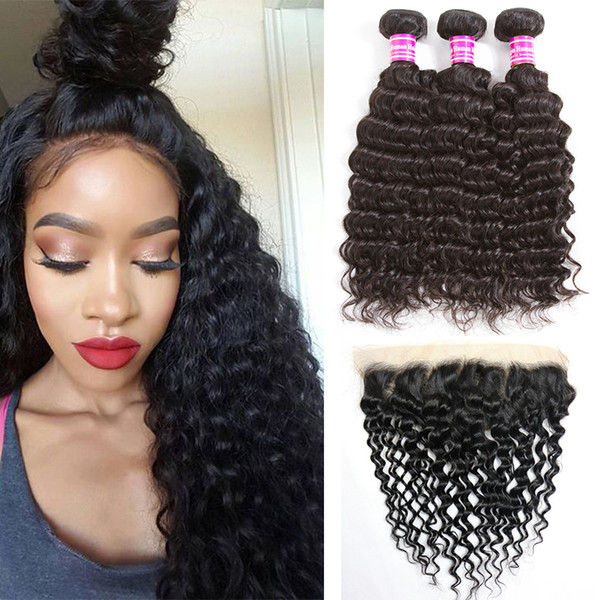 Peruvian Virgin Hair Deep Waves Bundles and Frontal Remy Human Hair Lace Closure 3pcs Hair Wefts with Lace Frontal Closure Wholesale 8a