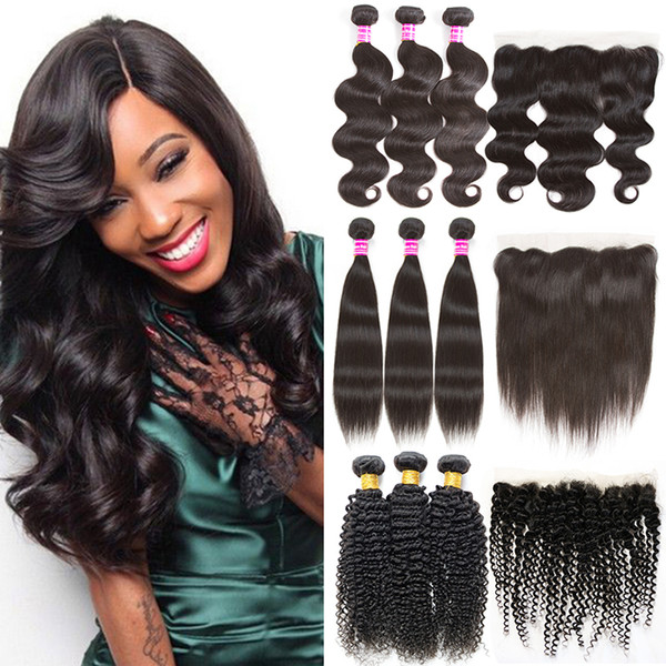 Mongolian Kinky Curly Virgin Hair Bundles with Frontal Closure 13x4 Body Wave Human Hair Wefts with Closure Wholesale Hair Weaves Closure