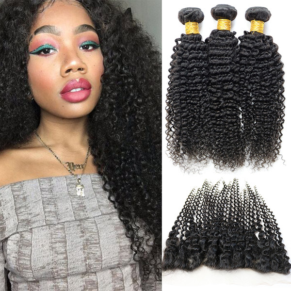 Peruvian Hair Bundles with Closure Kinky Curly Human Hair Extensions 3 bundles Hair Wefts and Frontal