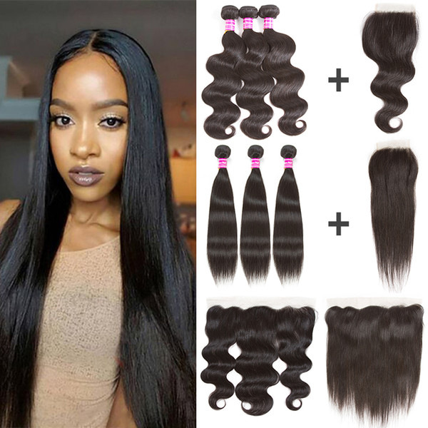 Peruvian Body Wave Straight Virgin Human Hair Weave Bundles with Closure and Frontal 13x4 Weaves Closure Remy Human Hair Wefts with Closure