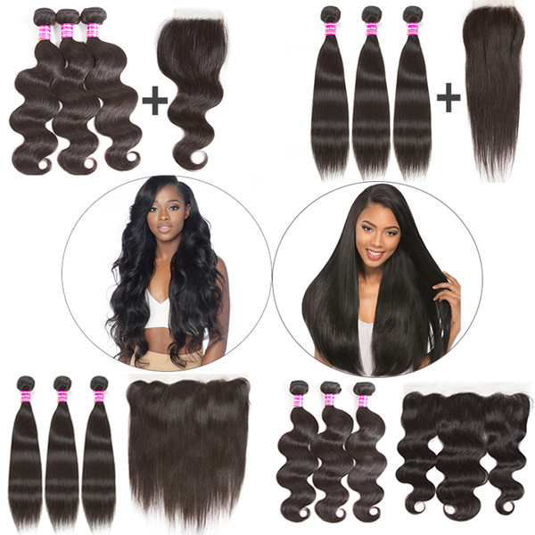 Peruvian Virgin Body Wave Hair Weaves Straight Remy Human Hair Wefts with Closure 4x4 and 13x4 Frontal Weaves Closure 3 bundles with Frontal