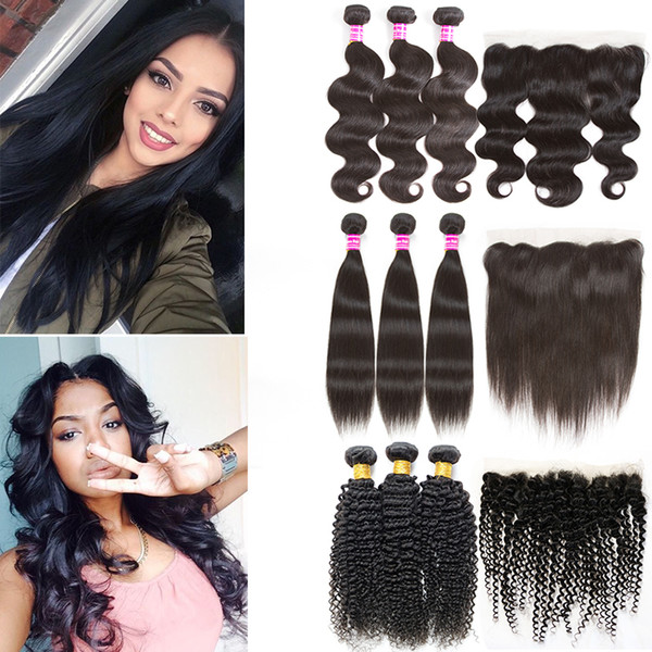 Peruvian Kinky Curly Hair Weave Frontal Lace Closure Body Wave Grade 8a Human Hair Bundles Lace Frontal Cheap For Sale Remy Hair Extensions