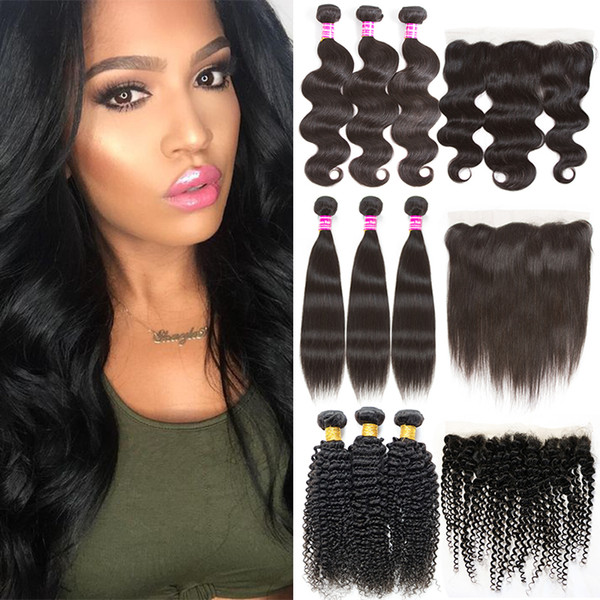 Brazilian Body Wave Straight Kinky Curly Virgin Human Hair Wefts with Closure Remy Hair Weave Bundles and 13x4 Lace Frontal Weaves Closure