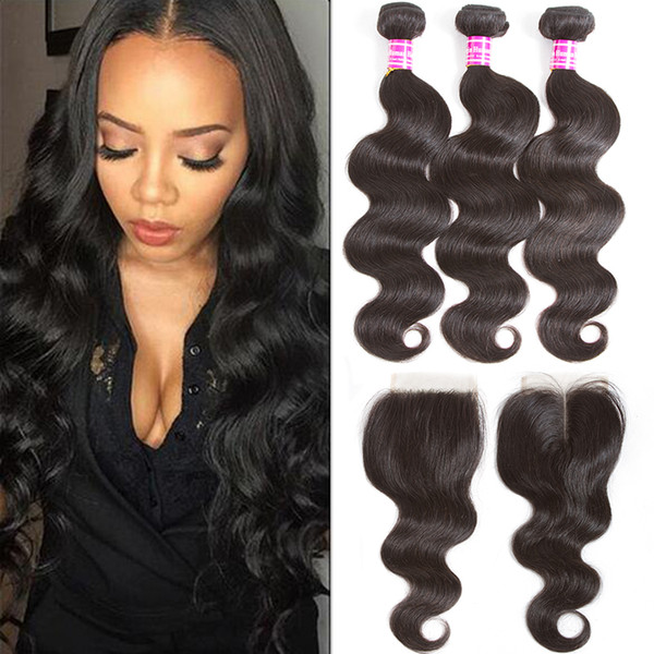 Peruvian Virgin Hair Bundles with 4x4 Lace closure Body Wave Wet and Wavy Human Hair Weaves Closure Middle Part and Free Part