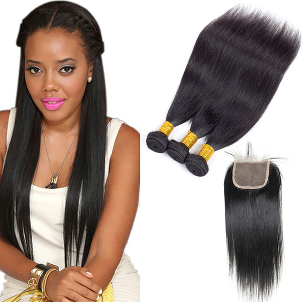 Mink Malaysian Straight Unprocessed Virgin Hair Bundles with Top Lace Closures Remy Cheap Hair Extensions Wholesale Products 