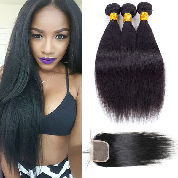 Mink Brazilian Straight Virgin Remy Human Hair Wefts with Closure Top Lace Closure with 3 Hair Weave Bundles Wholesale Cheap Hair Extensions