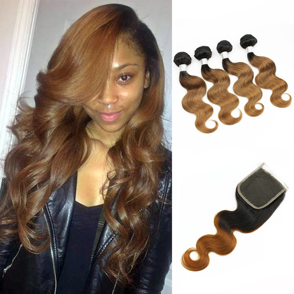 Colored Peruvian Virgin Hair T 1B 30 Auburn Brown Hair Extensions Body Wave Ombre Human Hair Weave 3/4 Bundles with Lace Closure