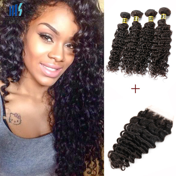 Brazilian Deep Curly Virgin Hair 4 Bundles With Lace Closure Color 1B Black Peruvian Malaysian Mongolian Raw Indian Curly Human Hair Weft