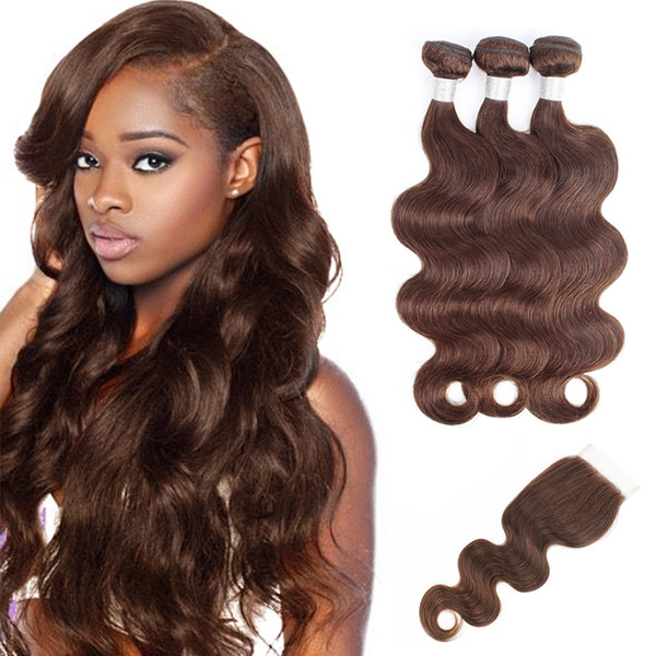 Kiss Hair Body Wave Color 4 Chocolate Brown Color 2 Dark Brown 3 Bundles With Lace Closure Raw Virgin Indian Remy Human Hair