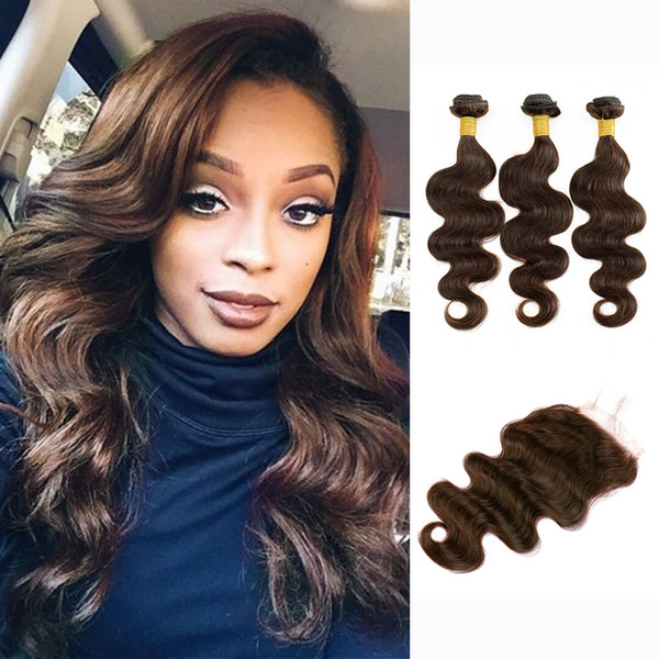 3 Bundles With Lace Closure Color 2 4 Dark Brown Body Wave Hair Bundles Raw Virgin Indian Human Hair Extensions Middle Free Part