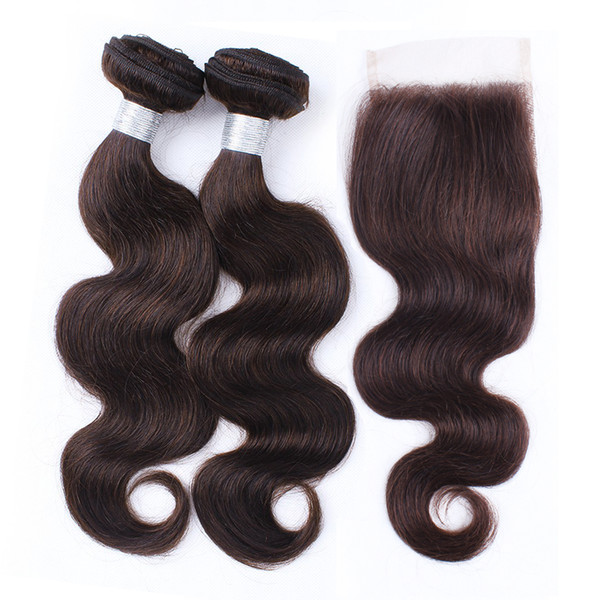 Raw Virgin Indian Wavy Human Hair Extensions 2 Bundles With Lace Closure Color 2 Dark Brown Body Wave Hair Bundles