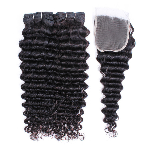 Raw Virgin Indian Deep Wave Human Hair Extensions 2 Bundles With Lace Closure Natural Color Can Be Dyed Hair Bundles