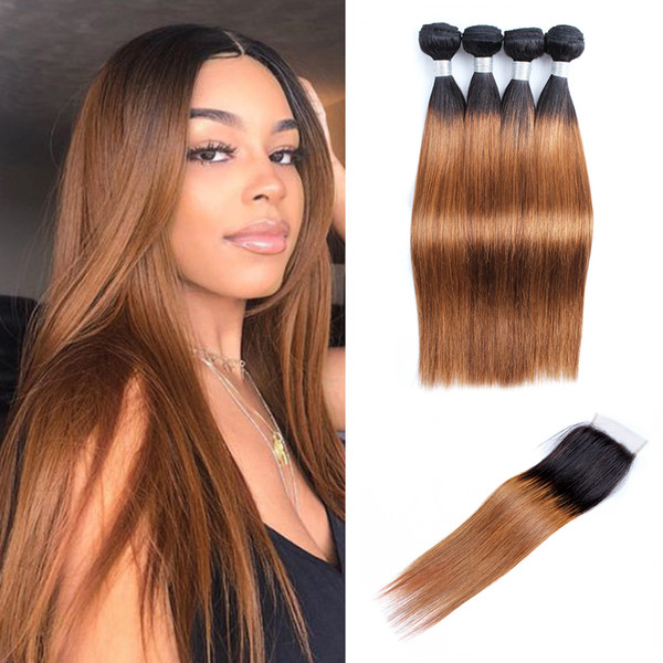 Kiss Hair T 1B 30 Dark Root Medium Auburn sraight Ombre Human Hair Weave 4 Bundles with Lace Closure Brazilian Virgin Hair Extensions