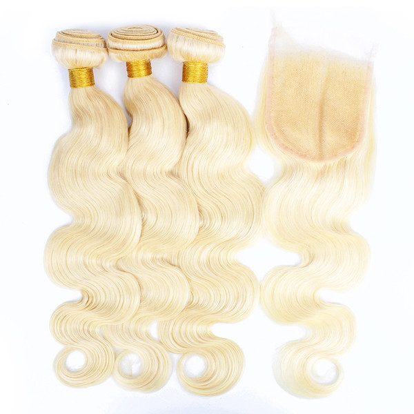 Kisshair 613 Blonde Bundles with Closure Bleach Blonde Human Hair Weave Bundles Brazilian Body Wave Virgin Remy Hair Extensions