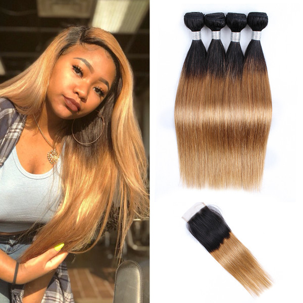 Kiss Hair Indian Straight Hair Weave 1B 27 Dark Root Honey Blonde Extensions Ombre Human Hair 4 Bundles with Lace Closure