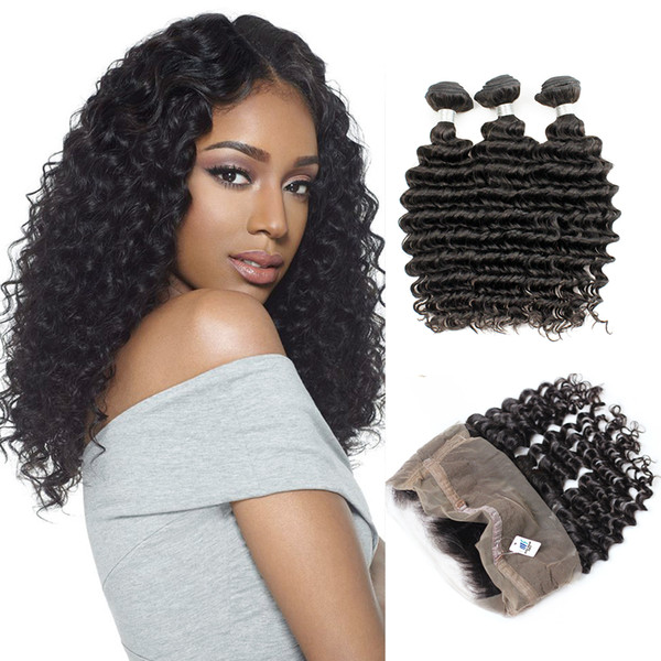 3 Bundles with 360 Lace Frontal Closure Brazilian Deep Wave Virgin Hair Natural Color Peruvian Raw Indian Curly Human Hair Weave Bundles