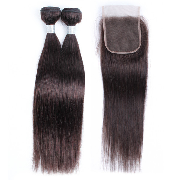 2 Bundles With Lace Closure Raw Virgin Indian Human Hair Extensions Color 2 Dark Brown Straight Remy Hair Bundles