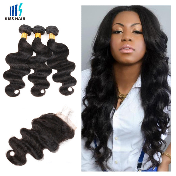 Brazilian Body Wave Hair 3 Bundles With Lace Closure Cheap Color 1B Black Virgin Human Hair Weave Free Middle Three Part Closure