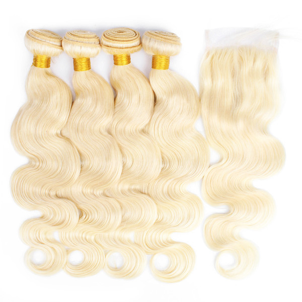 Kisshair Body Wave 3/4 Bundles with Closure Color 613 Bleach Blonde Human Hair Weave Bundles Brazilian virgin Remy Hair Extensions