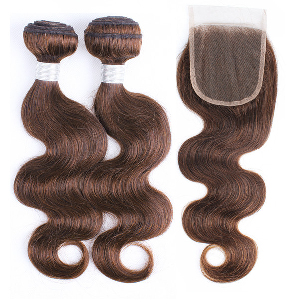 Raw Virgin Indian Wavy Human Hair Extensions 2 Bundles With Lace Closure Color 4 Chocolate Brown Body Wave Hair Bundles