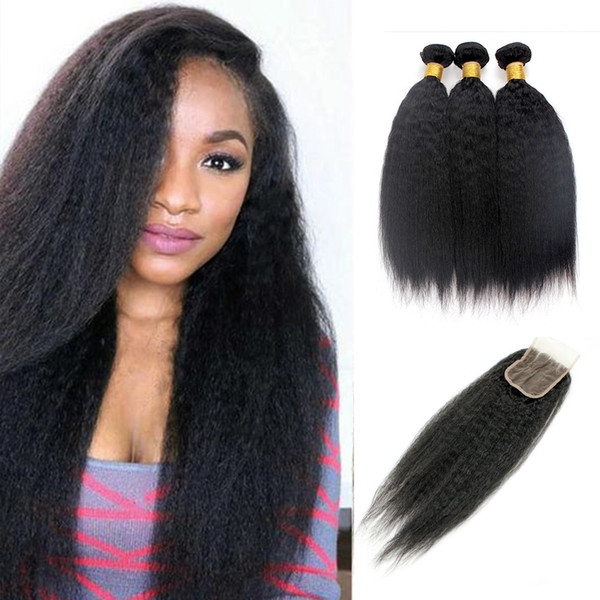 Brazilian Kinky Straight 3 Bundles with Lace Closure Yaki Straight Virgin Hair with Lace closure Mongolian Peruvian Malaysian Indian Hair