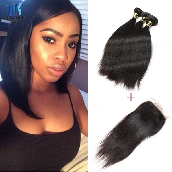 Brazilian Straight Human Hair 4 Bundles With Lace Closure Color 1B Black Peruvian Cambodian Malaysian Raw Indian Virgin Hair Weave