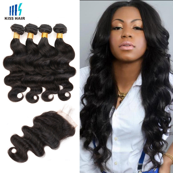 4 Bundles With Lace Closure Color 2 4 Dark Brown Straight Body Wave Hair Weave Bundles Natural Black Peruvian Virgin Human Hair Extensions