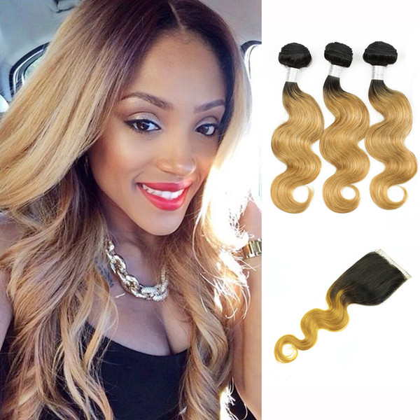 Body Wave T 1B 27 Blonde Ombre Human Hair Weaves Colored Brazilian Hair 3 Bundles with Lace Closure Peruvian Malaysian Indian Cambodian Hair