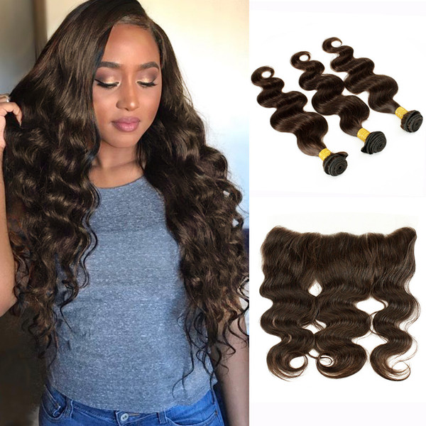 3 Bundles With Lace Frontal Body Wave Raw Virgin Indian Human Hair Weave Dark Brown Ear to Ear Frontal Brazilian Peruvian Hair Bundles