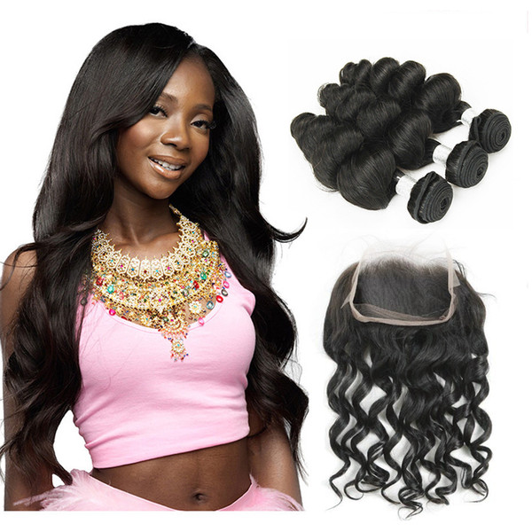 3 Bundles with 360 Lace Frontal Closure Brazilian Loose Wave Virgin Hair Natural Brown Color Peruvian Raw Indian Human Hair Weave Bundles