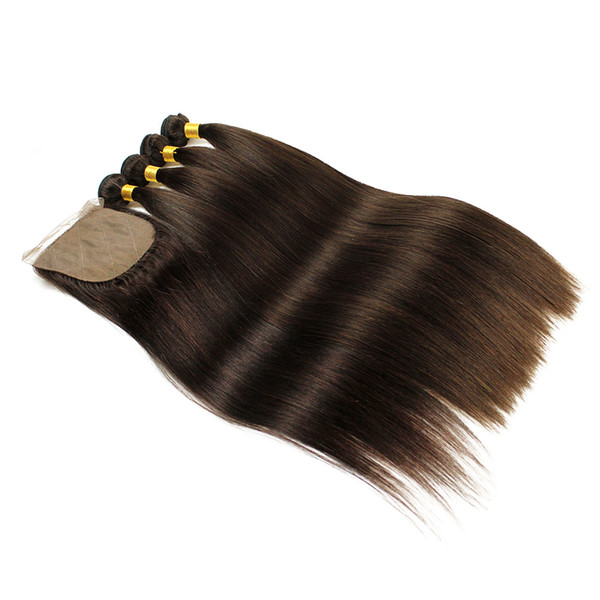 4 Bundles With Silk Base Closure Silky Straight Human Hair Extensions Darkest Brown Brazilian Remy Human Hair Weave