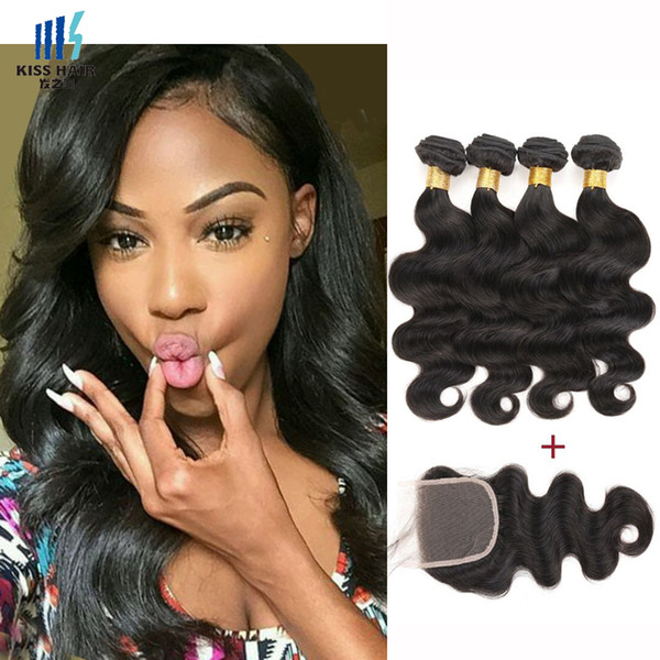 4 Bundles With Lace Closure Brazilian Body Wave Virgin Hair Extensions Color 1B Black Human Hair Weave Free Middle Three Part Closure