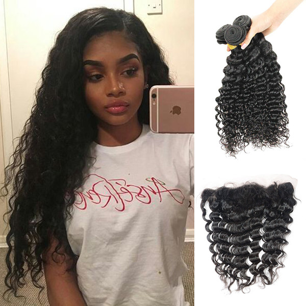 3 Bundles With Lace Frontal Deep Wave Brazilian Deep Curly Virgin Hair Weave with 13x4 Ear to Ear Frontal Raw Indian Human Hair