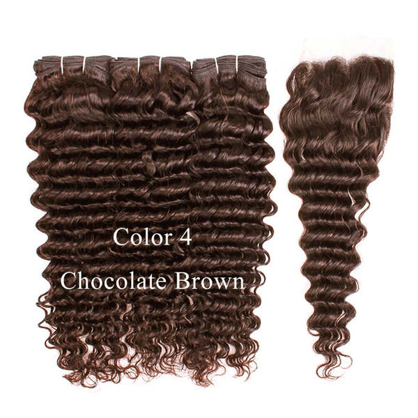 Kiss Hair Deep Wave Color 4 Chocolate Brown 3 Bundles With Lace Closure Raw Virgin Indian Remy Human Hair Color 2 Dark Brown