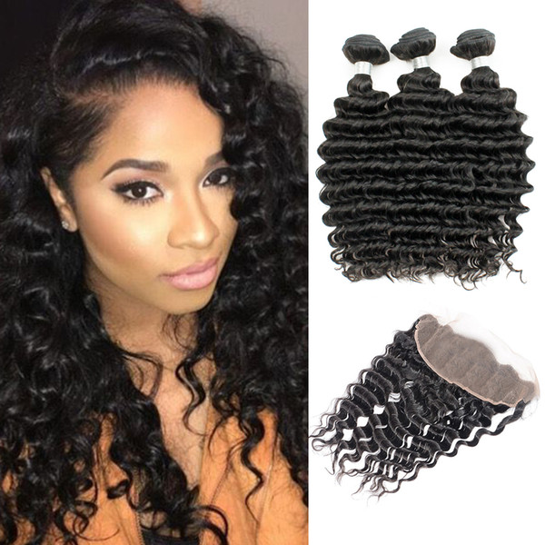 Deep Curly 3 Bundles With 13x4 Ear to Ear Lace Frontal Brazilian Deep Wave Virgin Hair Weave Bundle Peruvian Raw Indian Human Hair