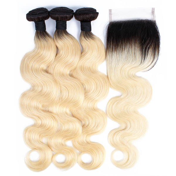 Brazilian Hair Bundles T 1B 613 Blonde Extensions Straight Hair 3 Bundles with Lace Closure Free Middle Part Ombre Human Hair Weave